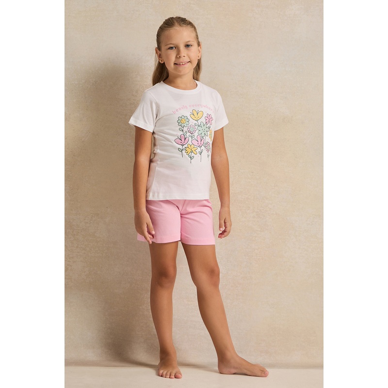 Girls Pink And White Placement Print Pyjama Set (2 Piece)