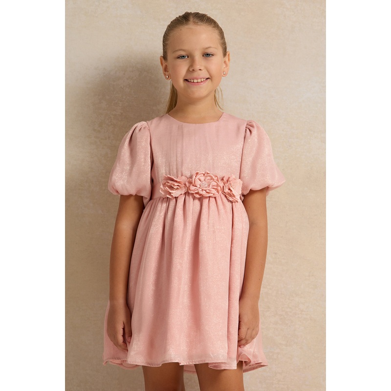 Girls Pink Metallic Solid Dress With Corsage
