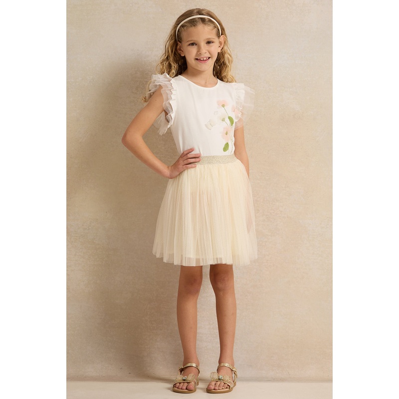 Girls White And Gold Tee With Lace Skirt (2 Piece)