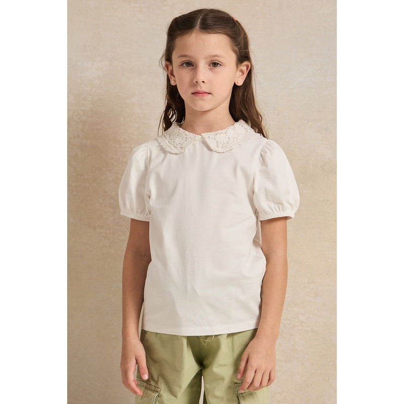 Girls White Crochet Collar Jersey Top