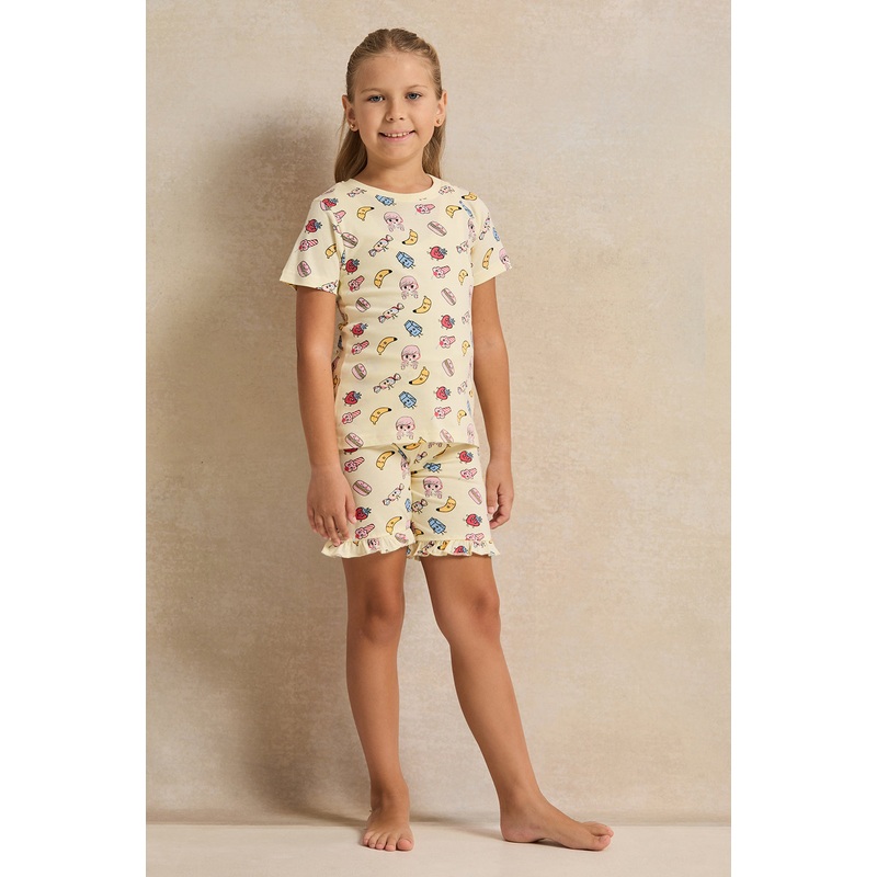 Girls Yellow Printed Pyjama Set (2 Piece)