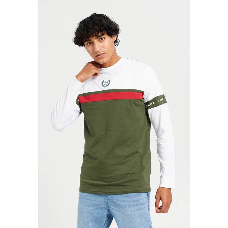 Men Green And White Long Sleeve T-shirt