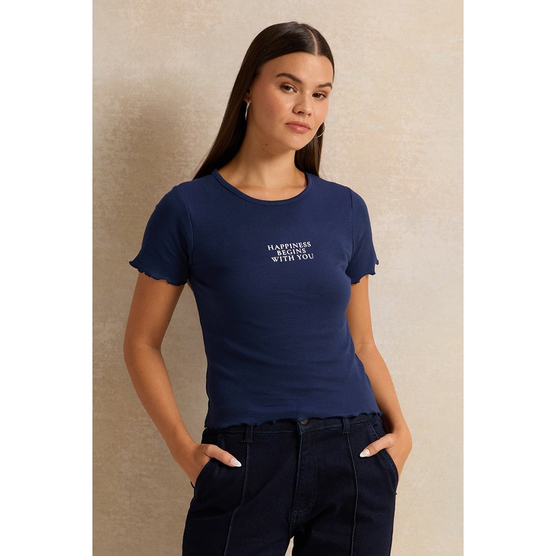 Navy Embellished Rib T-Shirt|UK8|UK10|UK12|UK14|UK16|UK18