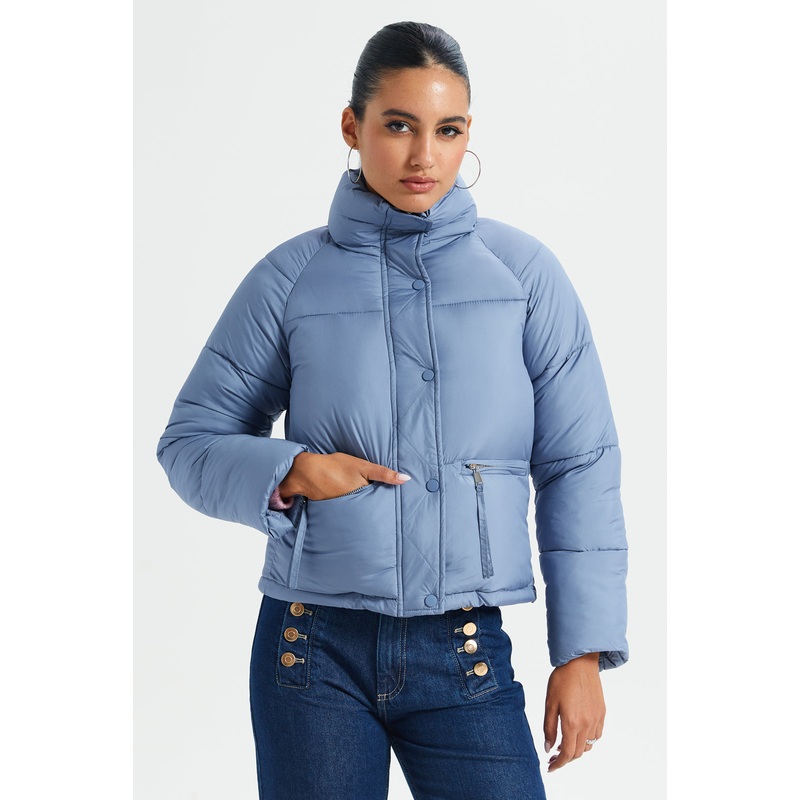 Pale Blue Zip Up Stand Collar Puffer Jacket