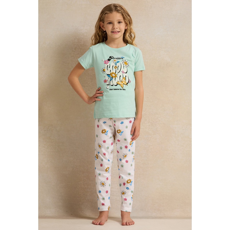 Girls Green And White Printed Pyjama Set (2 Piece)