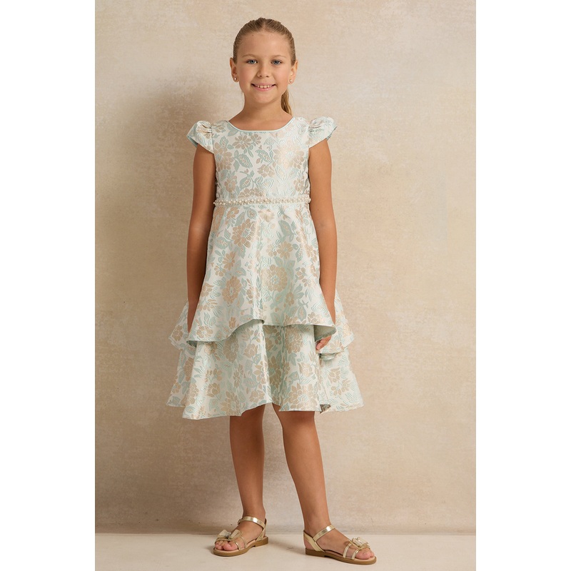 Girls Green Floral Jacquard Layered Dress