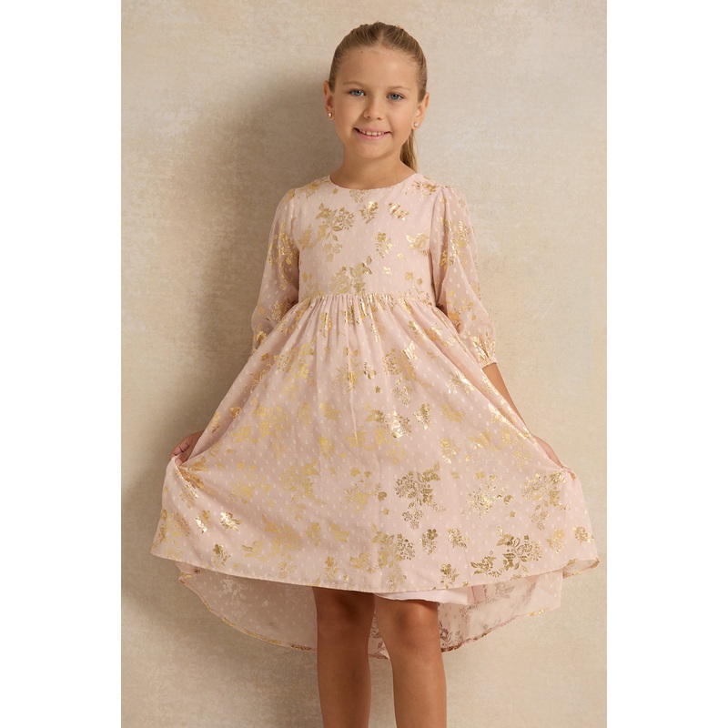 Girls Orange Dobby High Low Dress With Foil Print