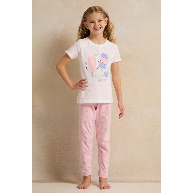 Girls Pink And White Printed Pyjama Set (2 Piece)