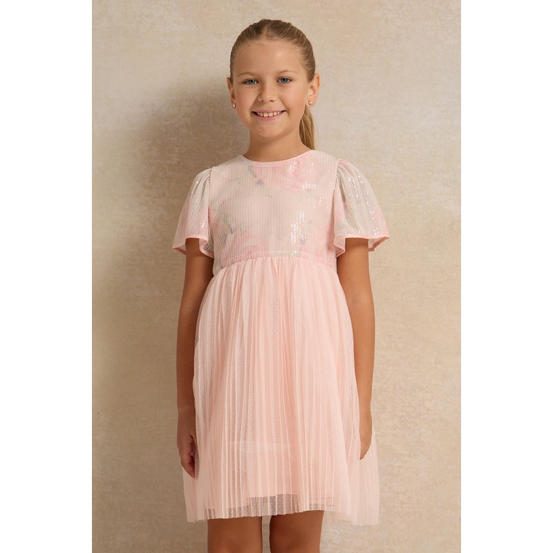 Girls Pink Floral Sequined Upper Bodice Mesh Dress