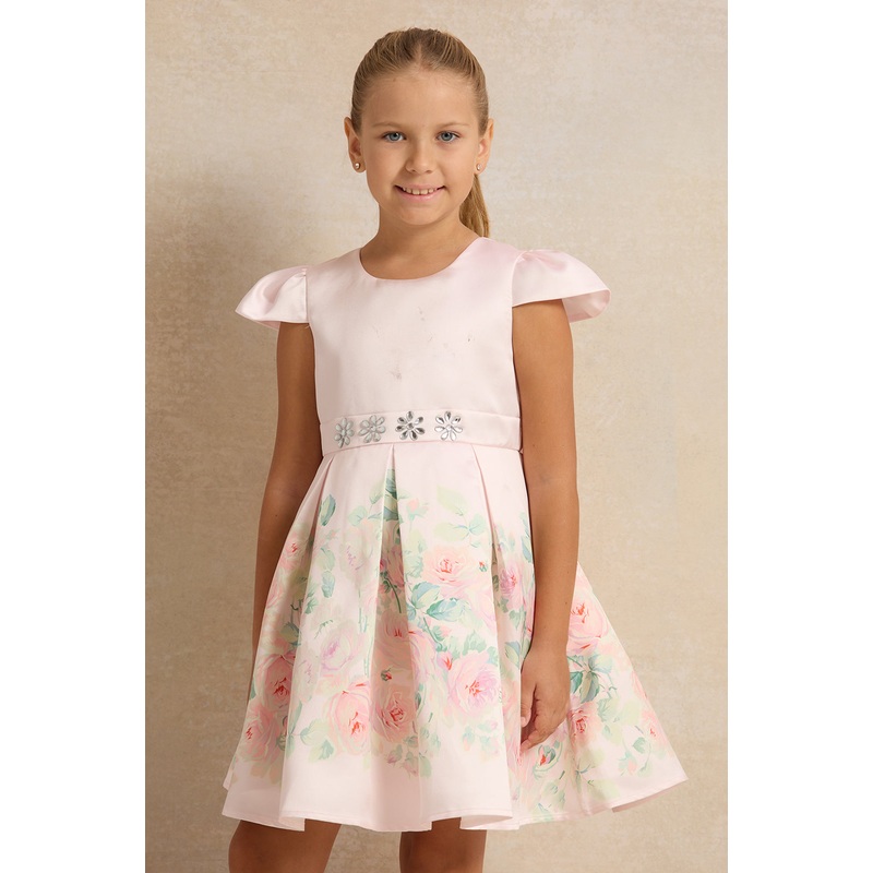 Girls Pink Rose Placement Pleated Satin Dress