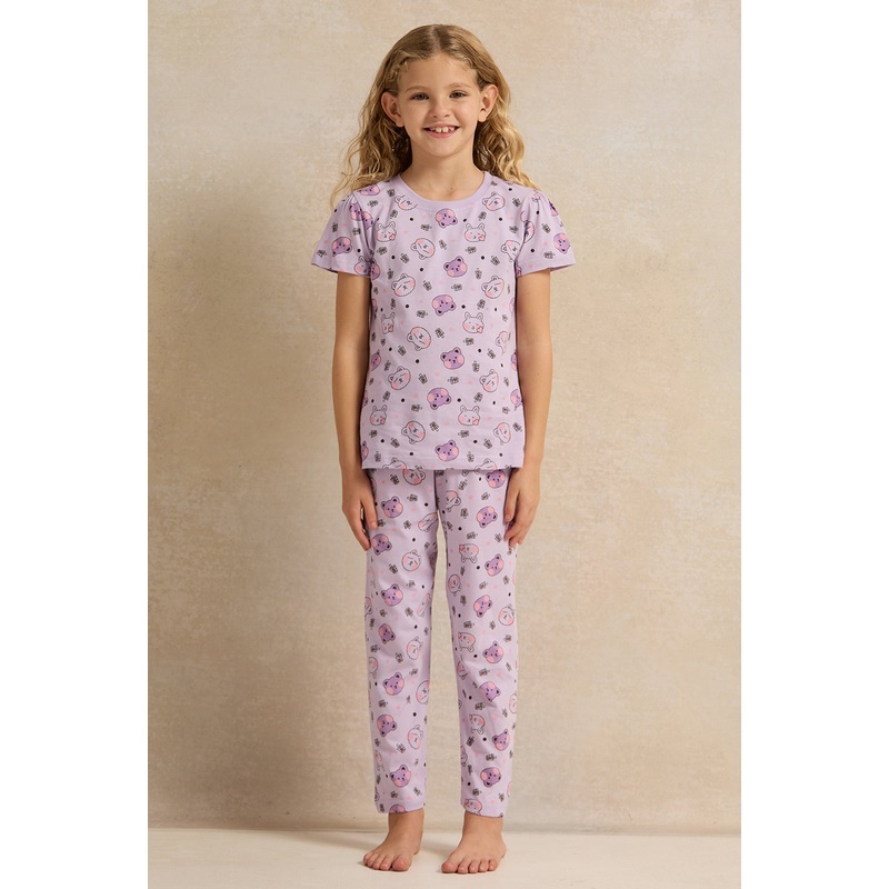 Girls Purple Printed Pyjama Set (2 Piece)