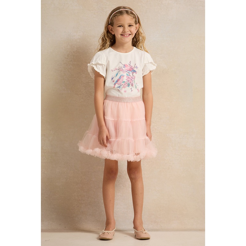 Girls White PrintedT-shirt And Lilac Skirt Set Of (2 Pieces)