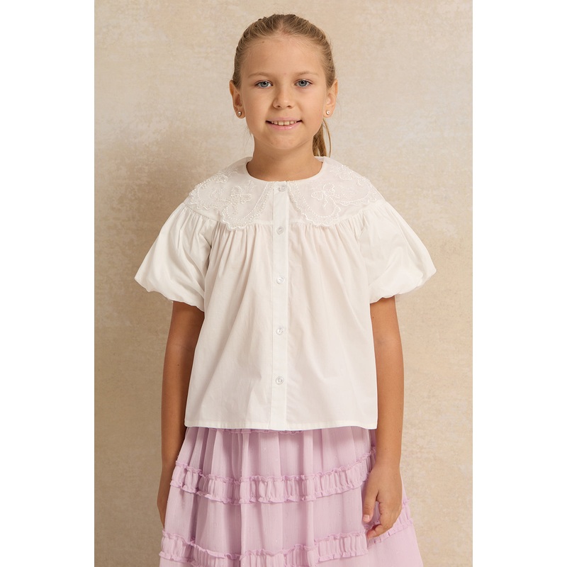 Girls White Puff Sleeve Lace Collared Blouse