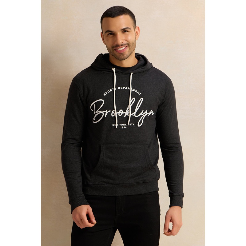 Men Charcoal Printed Hooded Sweatshirt