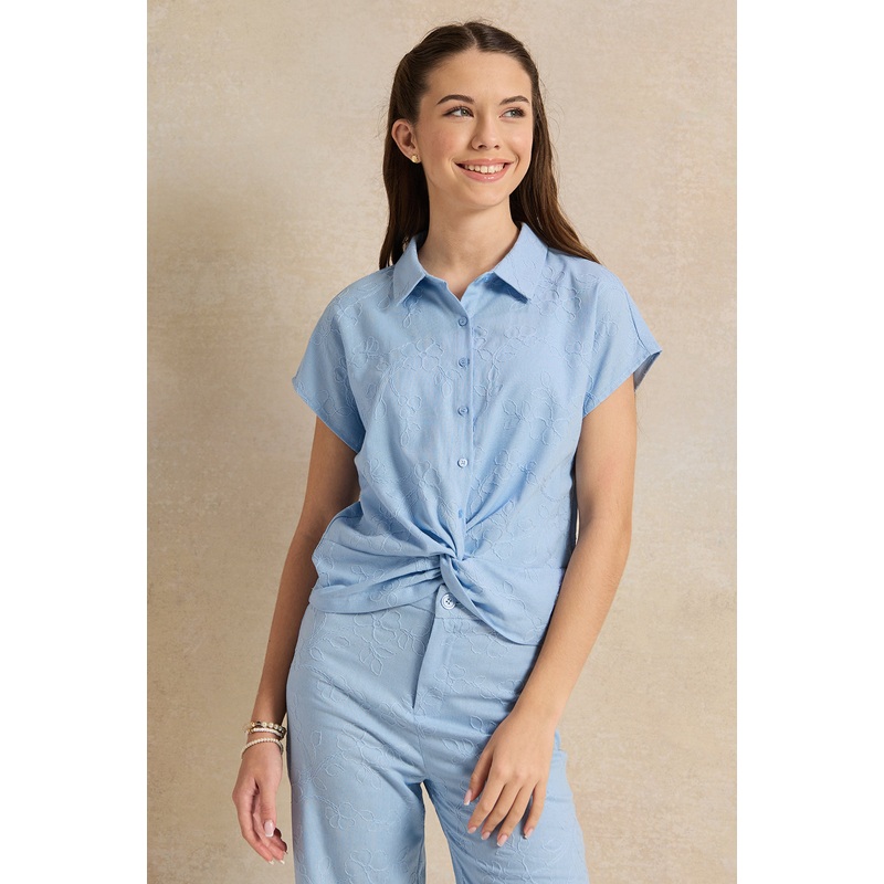 Senior Girls Blue Embroidered Front Tie Top