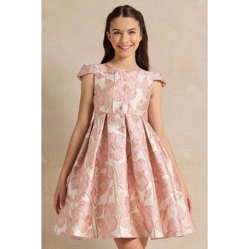 Senior Girls Pink And Gold Jacquard Dress