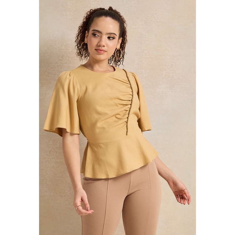 Women Beige Beaded Trim Gathered Blouse