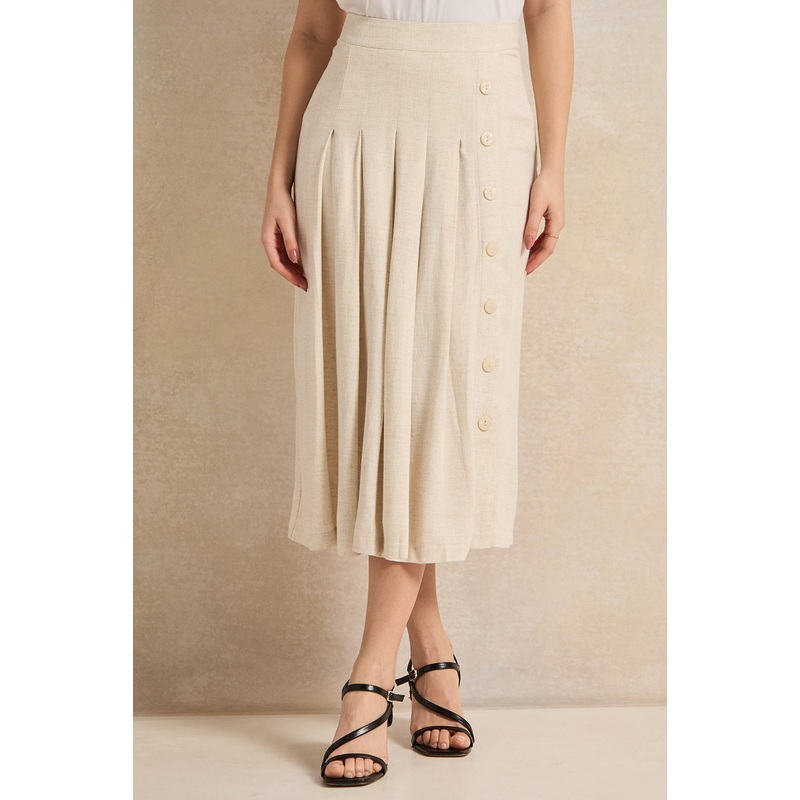Women Beige Pleated Linen Skirt