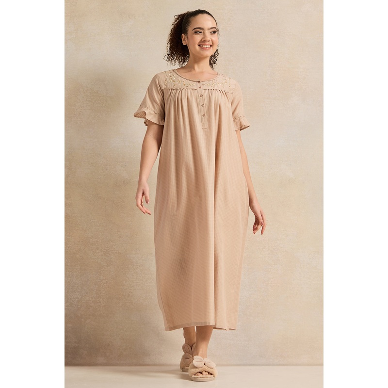 Women Beige With Neck Detail Nightgown