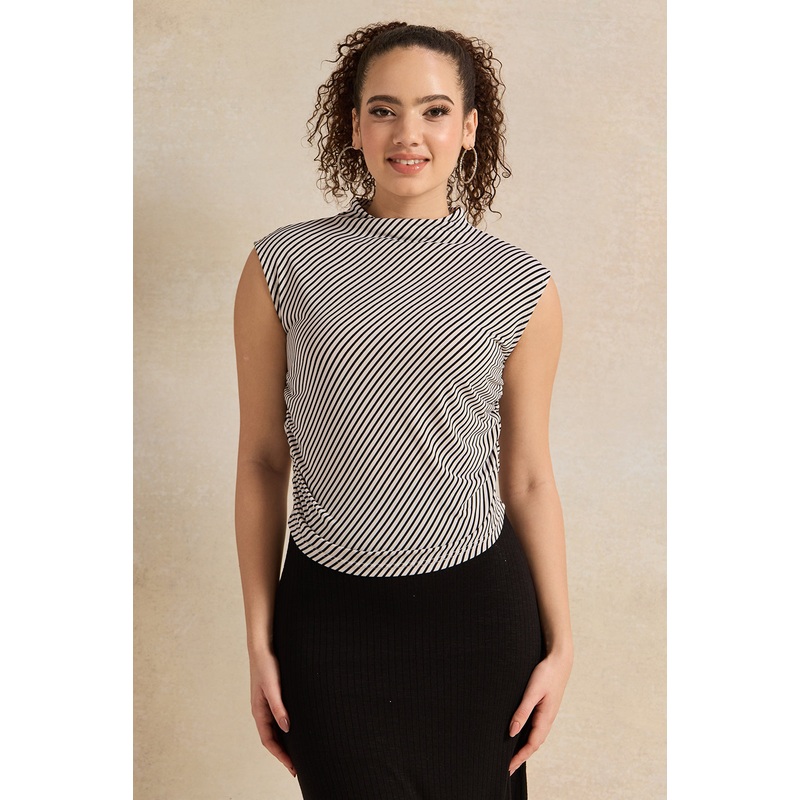 Women Black And White Ruched Striped Top