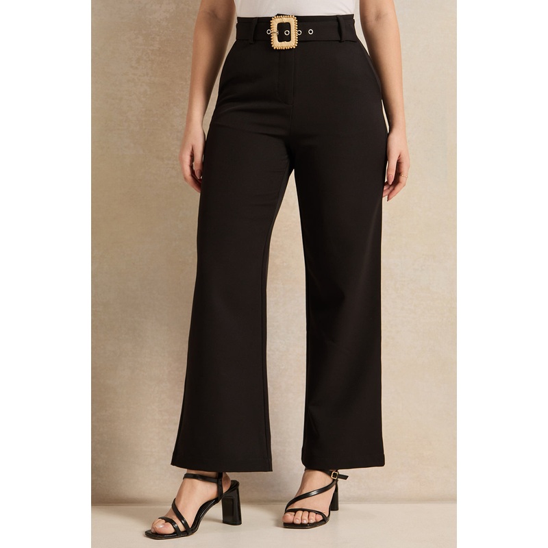 Women Black Buckle Belted Trousers