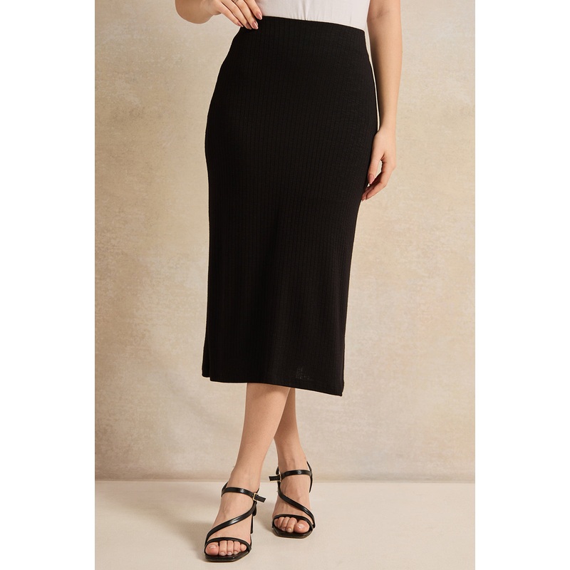Women Black Ribbed Structure A Line Skirt