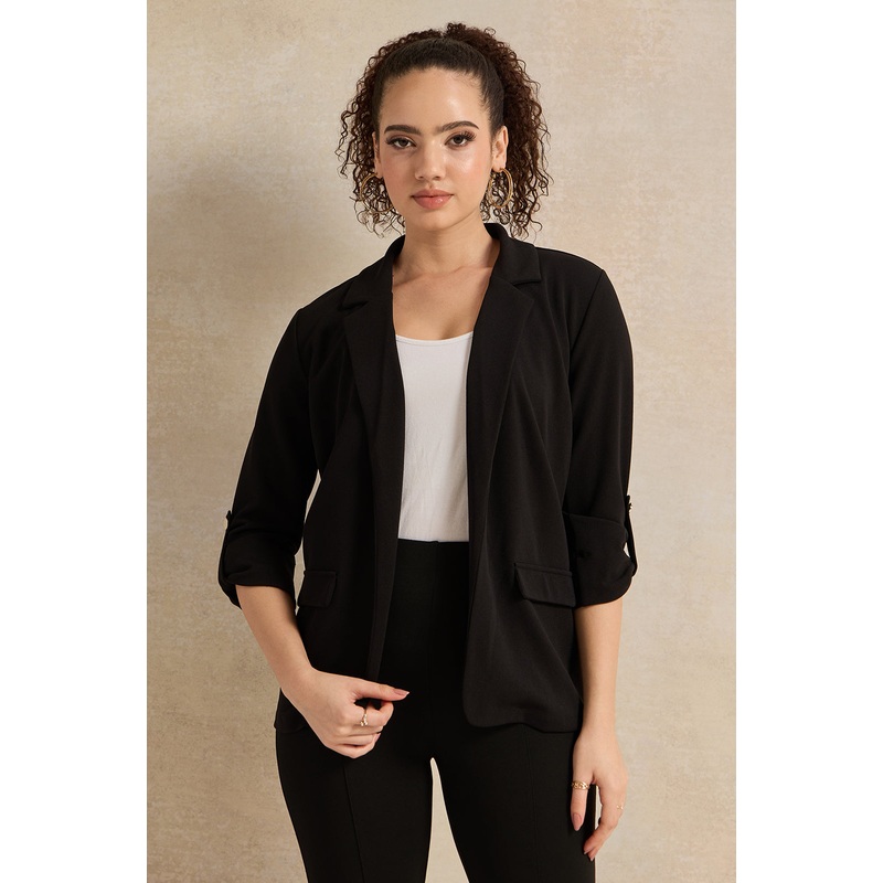 Women Black Rolled Up Sleeve Blazer