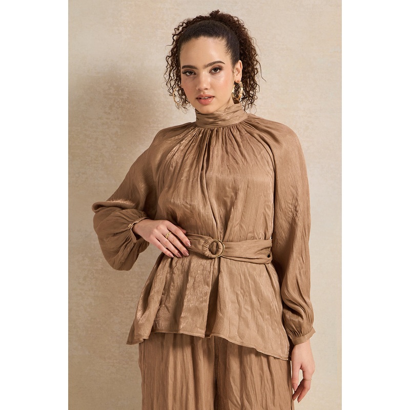 Women Bronze Shimmer Crinkle Belted Blouse