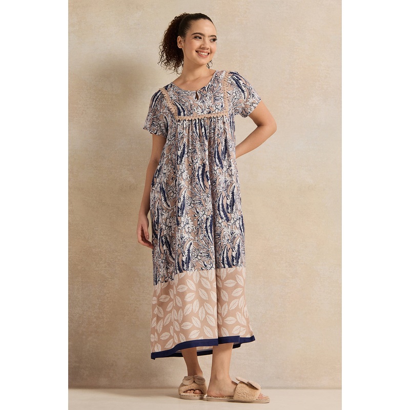 Women Brown And Blue Palm Print Nightgown