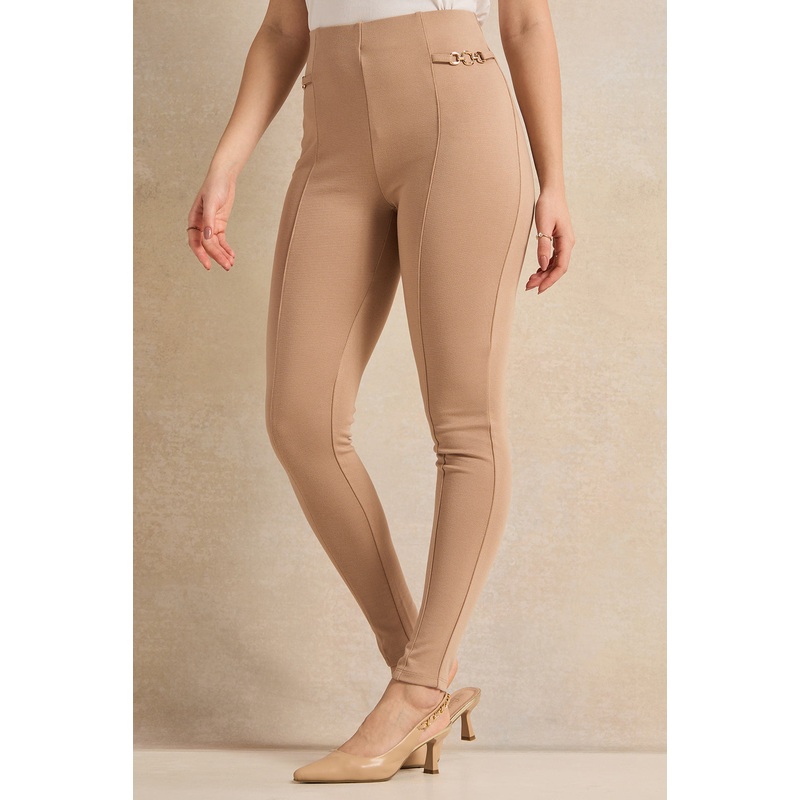 Women Cream Embellished Leggings