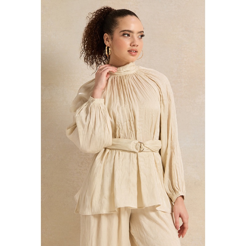 Women Cream Shimmer Crinkle Belted Top