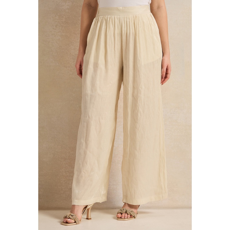 Women Cream Shimmer Crinkle Trouser