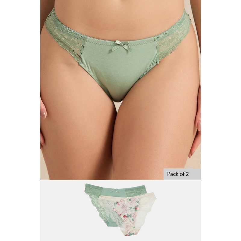 Women Green And Ivory Bikini Brief Set (Pack of 2)