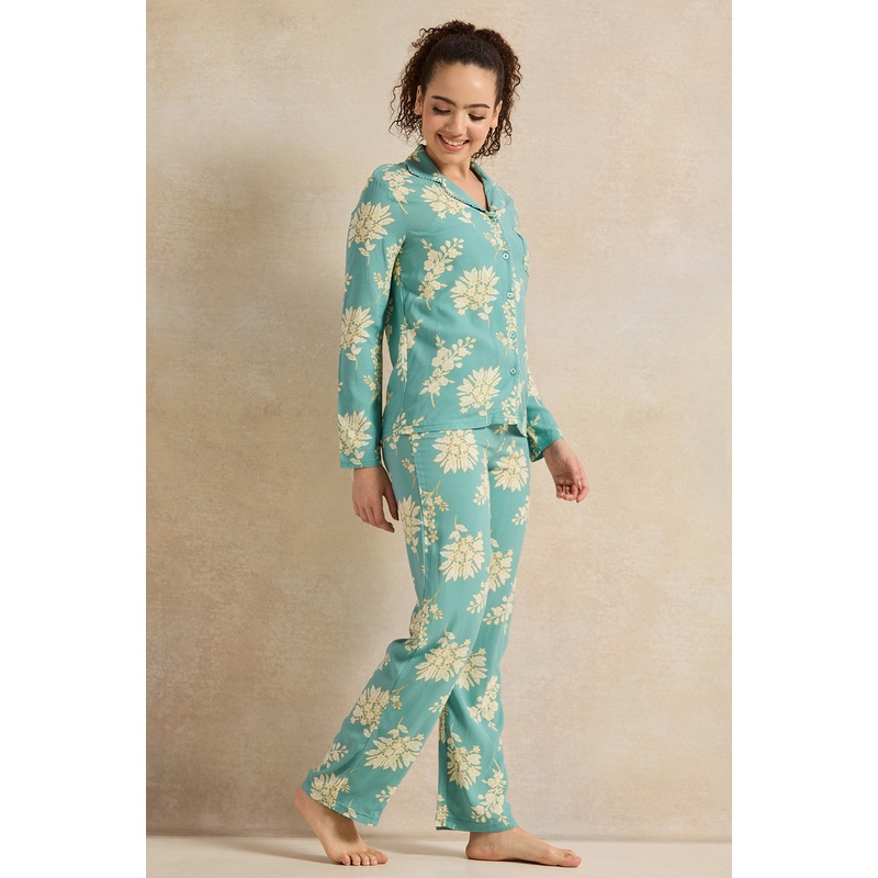 Women Green And Yellow Floral Print Pyjama Set (2 Piece)