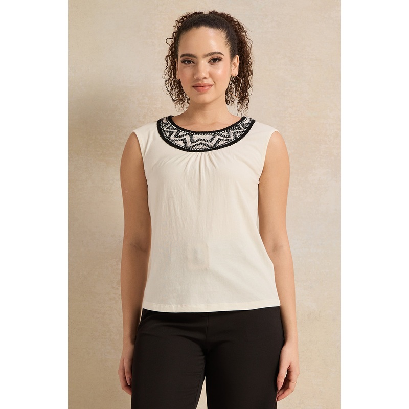 Women Ivory Crochet Neck Knit Top