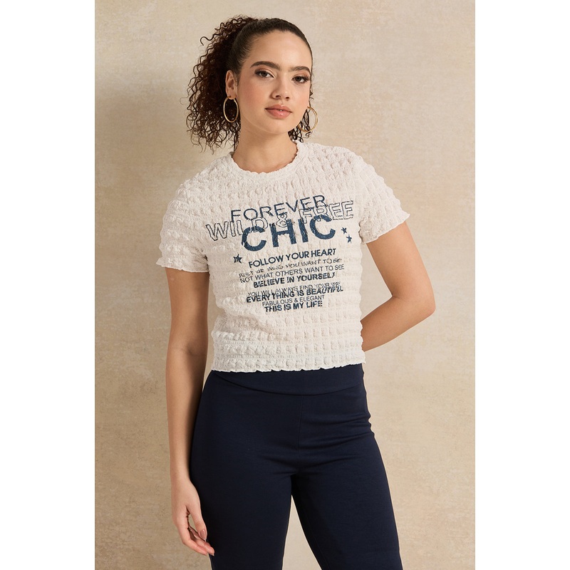 Women Ivory Print Textured Top