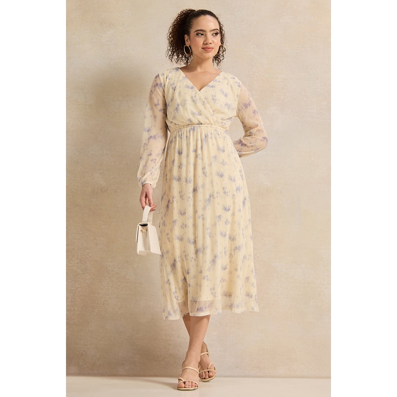 Women Ivory Printed Wrap Dress
