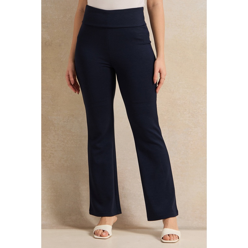 Women Navy Fold Over Waistband With Flare Leggings