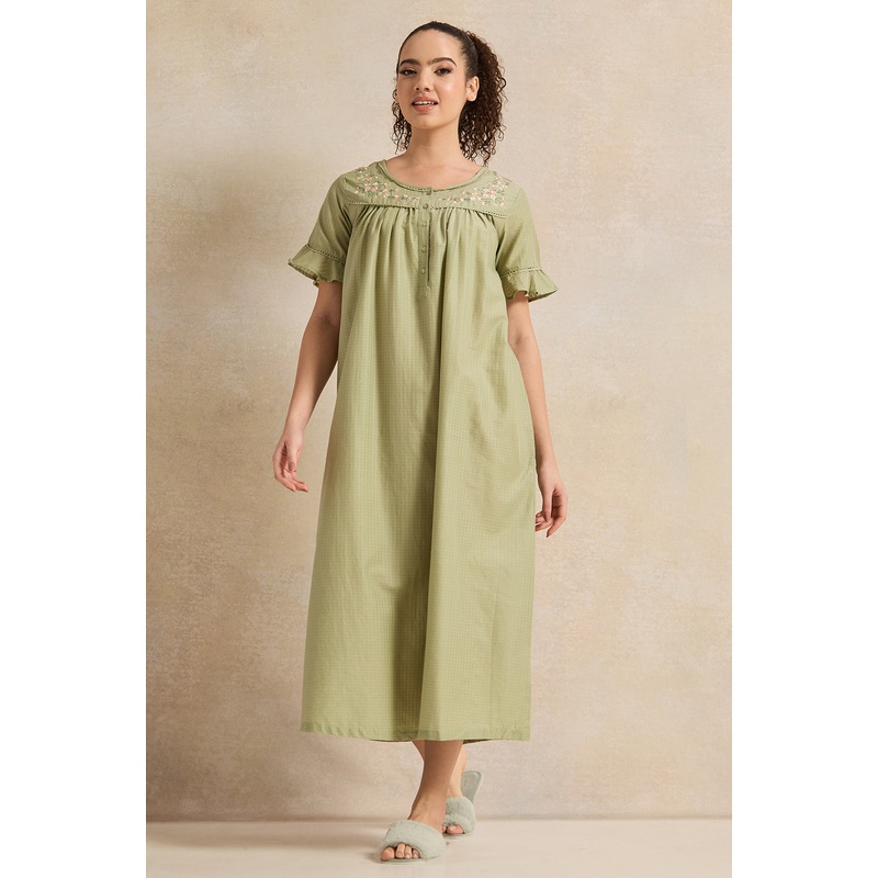Women Olive With Neck Detail Nightgown