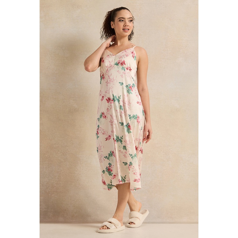 Women Pink Printed Satin Long  Chemise