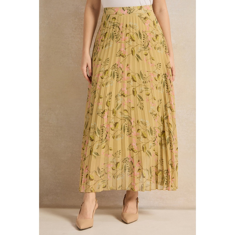 Women Yellow Printed Pleated Skirt