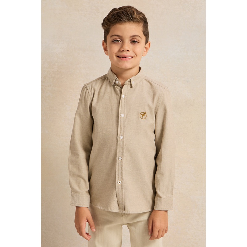 Boys Beige Long Sleeve Oxford Shirt
