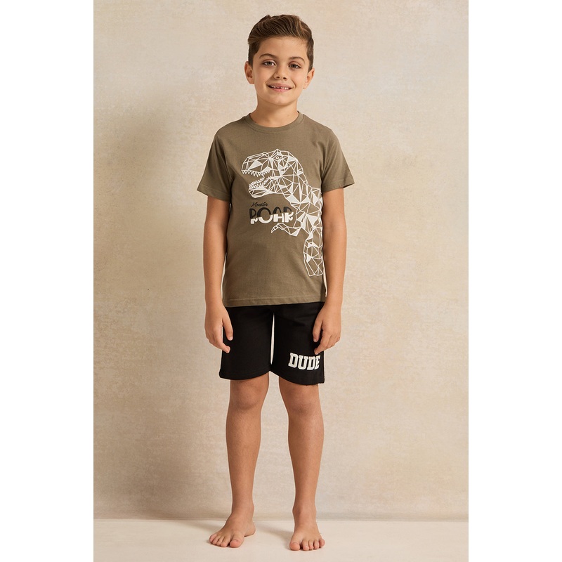 Boys Black And Olive Printed T-Shirt And Shorts Set (2 Piece)
