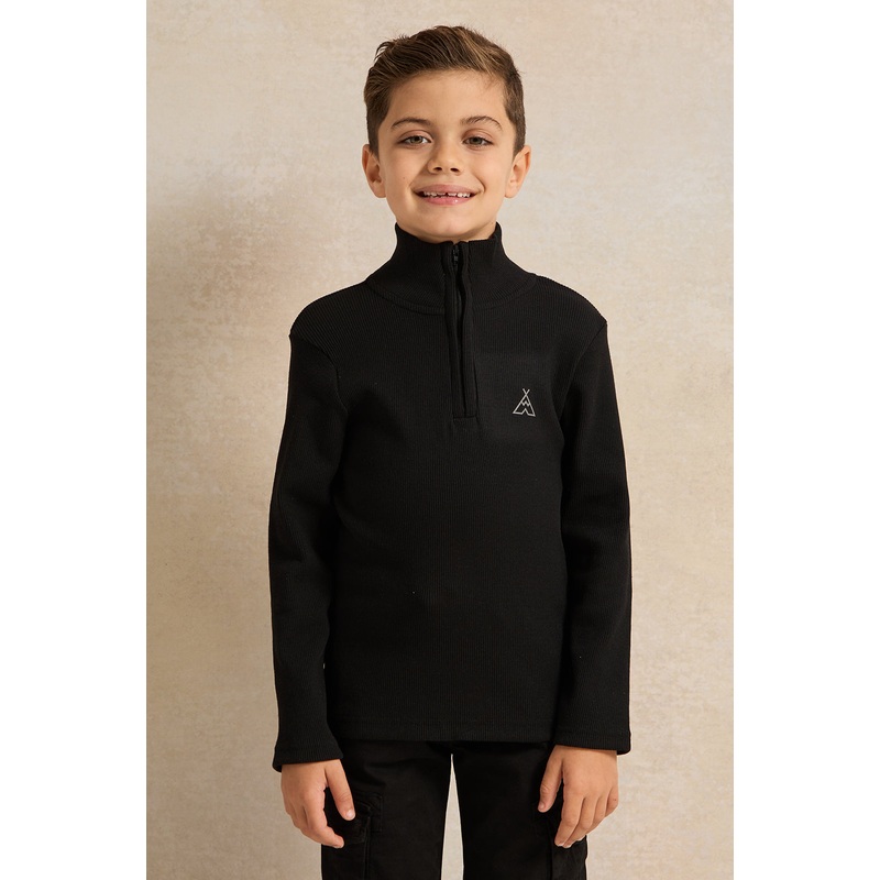 Boys Black T-Shirt With Half Zip