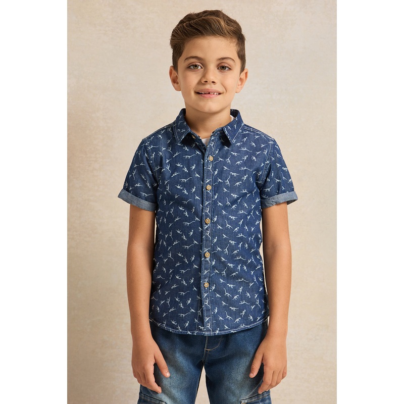 Boys Blue Shirt With White Printed T-shirt