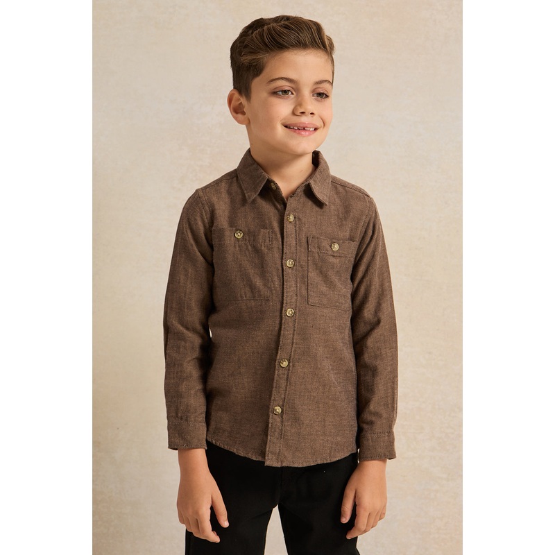 Boys Brown Long Sleeve Flannel Shirt