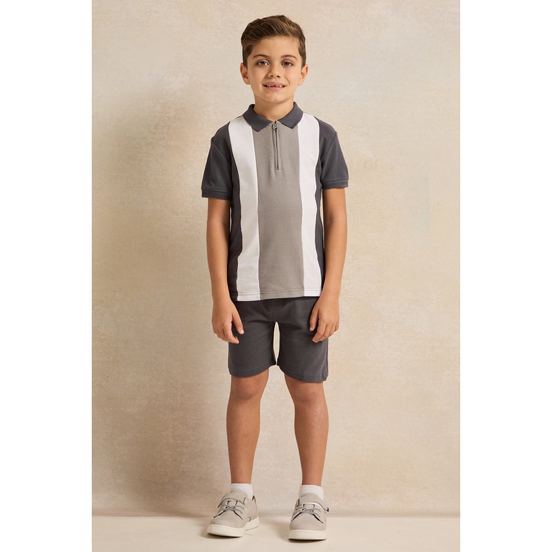 Boys Grey Striped T-Shirt And Shorts Set (2 Piece)