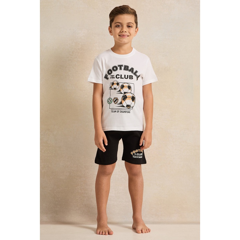 Boys White And Black Printed Pyjama Set (2 Piece)