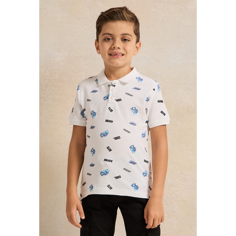 Boys White Printed Polo Shirt|2-3 Years|3-4 Years|4-5 Years|5-6 Years|6-7 Years|7-8 Years