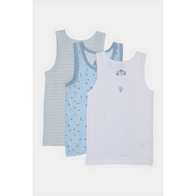 Girls Blue Solid And Print Vest Set (Pack of 3)